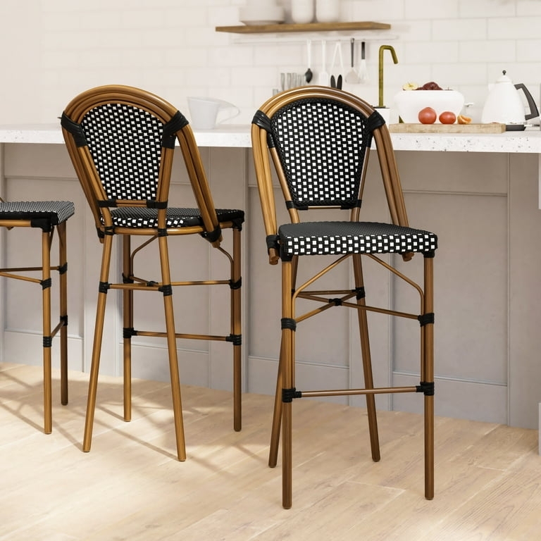 French Bistro Bar Stool with Checkered Weave and Bamboo Look