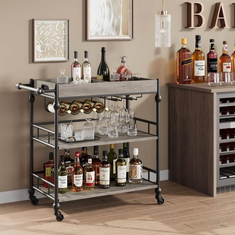 Functional Bar Cart Removable Serving Tray Swivel Casters Dark Wood