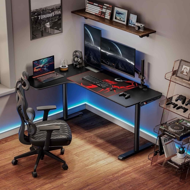 Gaming Desk Carbon Fiber Texture, RGB Edge Lighting, Modern Black Setup
