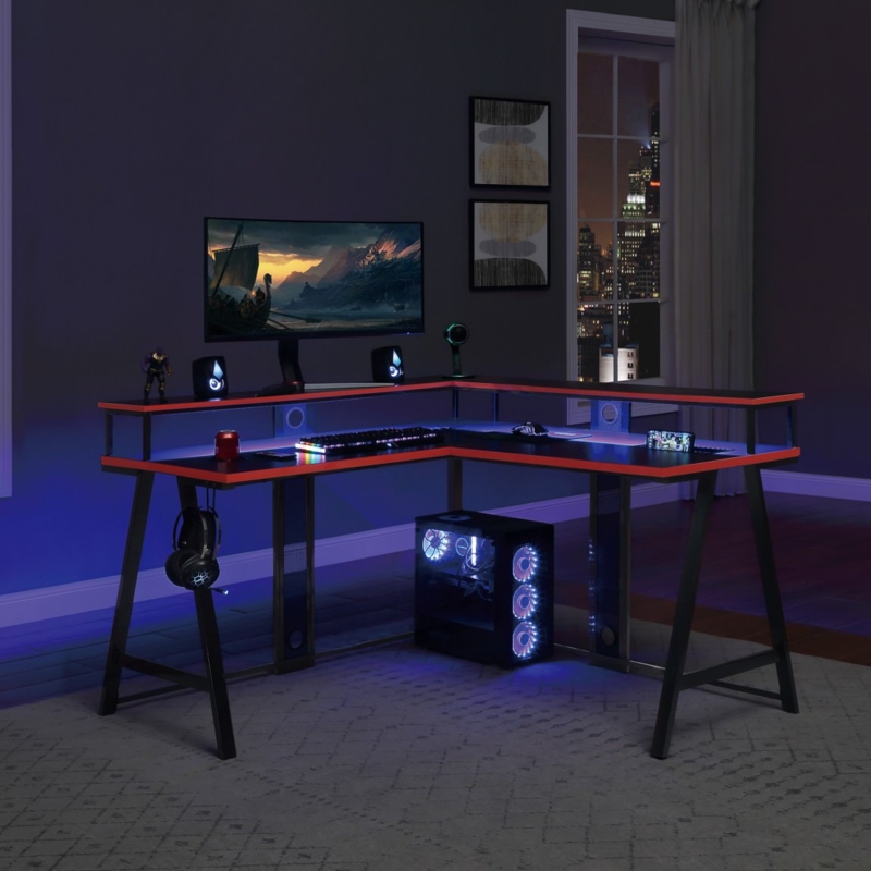 Gaming Desk K-Shaped Legs, Integrated LED Lighting, Carbon Fiber Finish