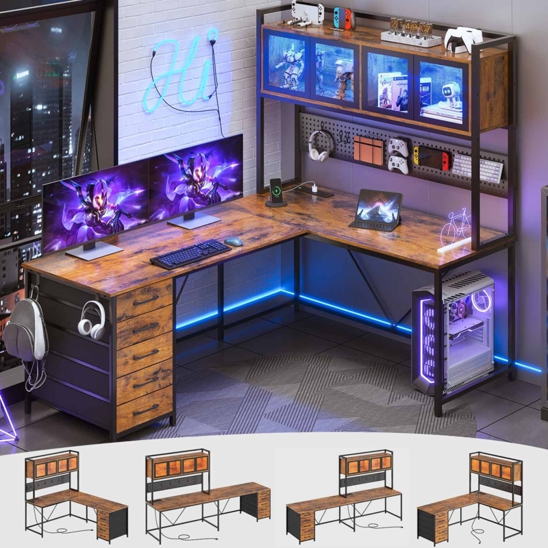 Gaming Desk with Hutch and Pegboard, Integrated Charging, Rustic Brown
