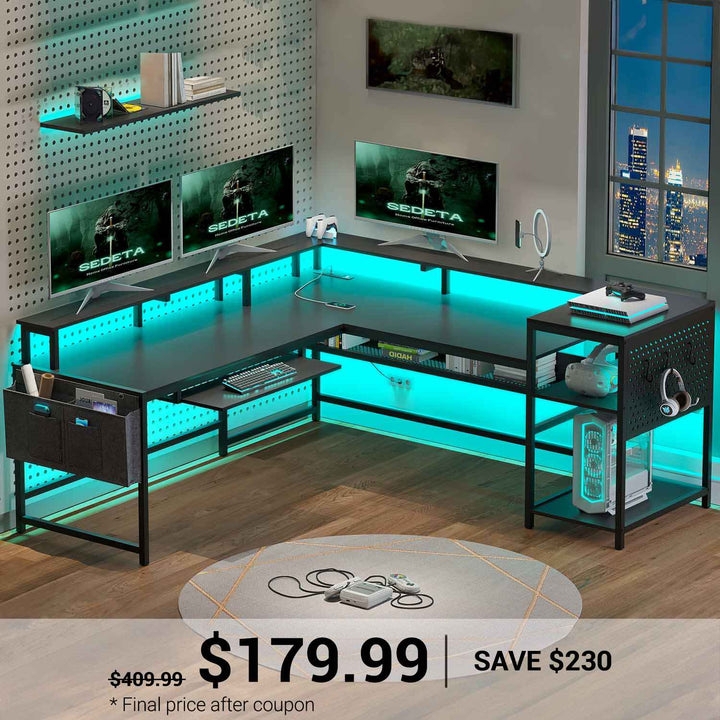 Gaming Desk with Integrated Hutch, RGB LED Strip, Open Shelving