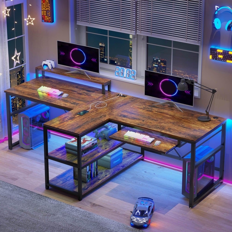 Gaming Desk with Monitor Hutch, LED Lighting, Headphone Hook
