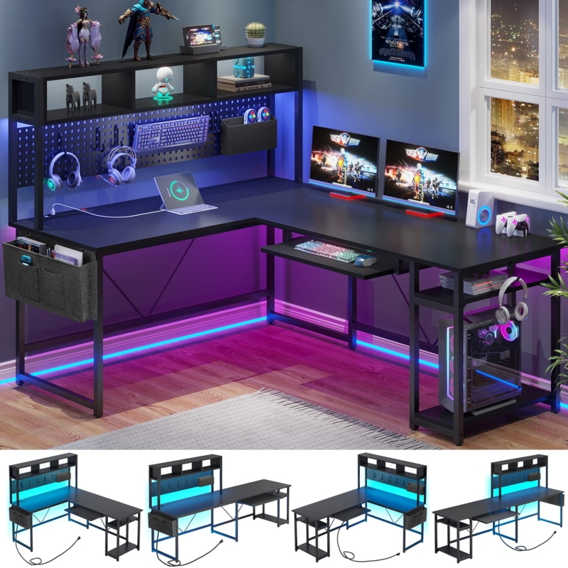 Gaming Desk with Pegboard and Power Outlet. Space saving 2 person desk.