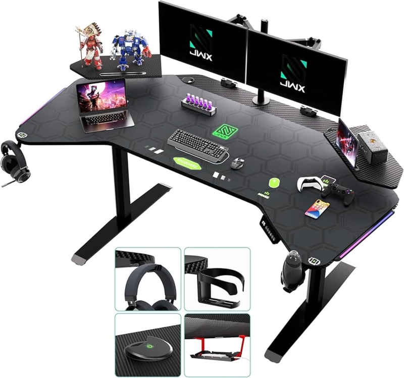 Gaming Desk with Wing Shaped Top, Integrated LED Lighting, and Dual Motor