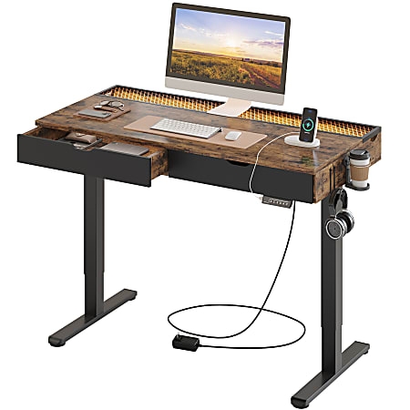 Gaming Standing Desk with RGB LED Strip, Monitor Riser, and Drawers