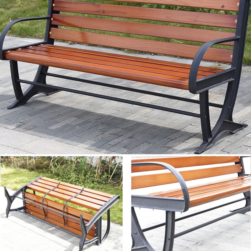 Garden Bench Amber Wood Slats Curved Black Metal Frame Park Seating