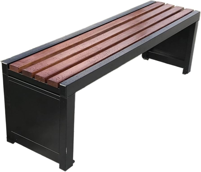 Garden Bench Backless Wood Slat Top Black Metal Crossbar Base Industrial