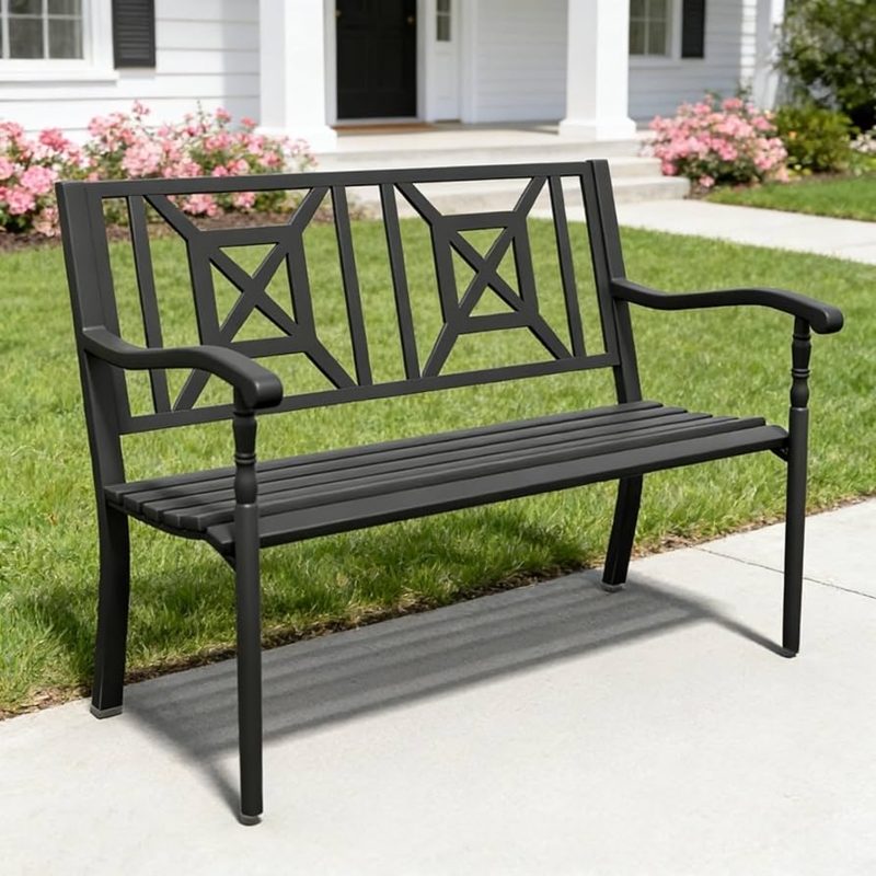 Garden Bench, Black Metal, Mandala Backrest, Geometric Cutouts