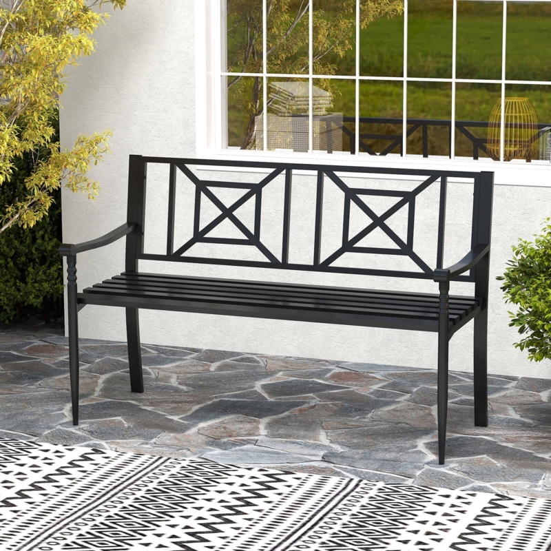 Garden Bench Black Metal Slatted Design Traditional Porch Seating