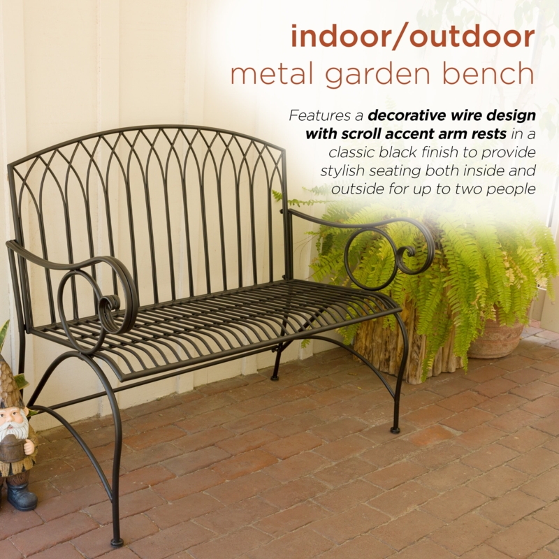 Garden Bench, Black Metal Wire: Decorative Tree and Bird Motif Seating
