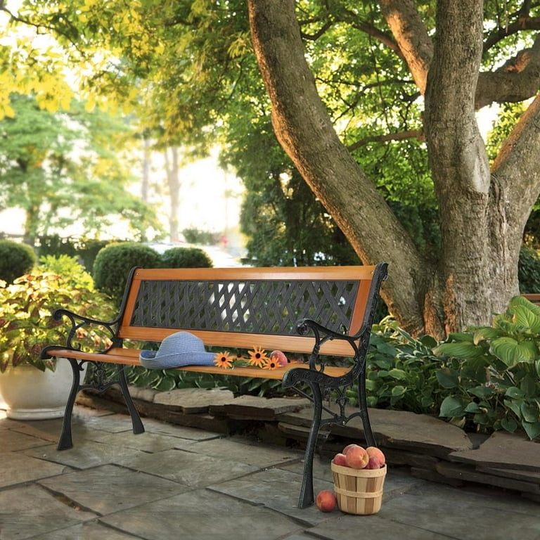 Garden Bench Cast Iron Frame Scrollwork Arms Traditional Patio Park