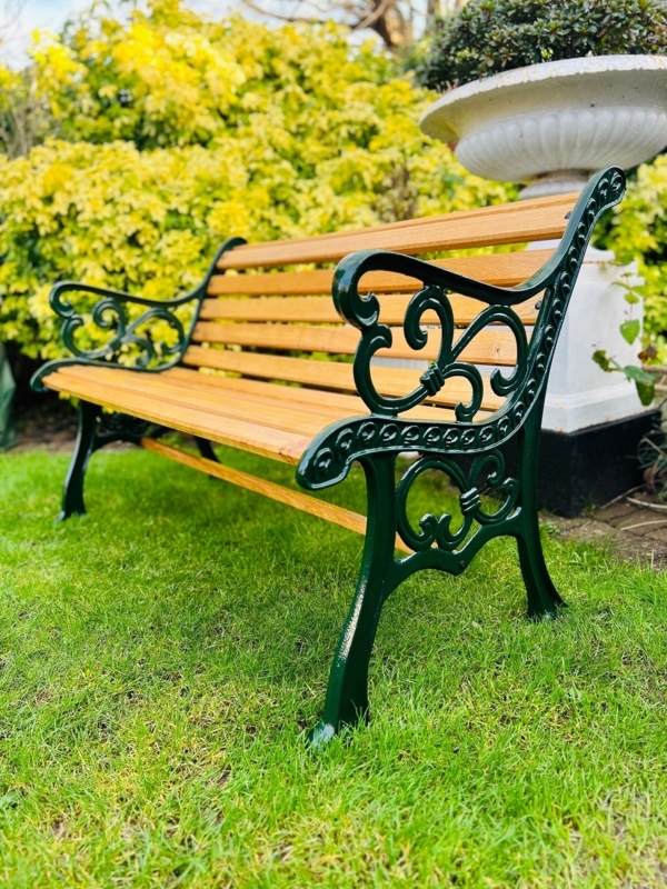 Garden Bench Cast Iron Scrollwork Dark Green Oiled Slats Vintage