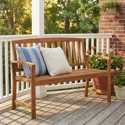 Garden Bench Chevron Backrest Acacia Wood Warm Brown Rustic Farmhouse