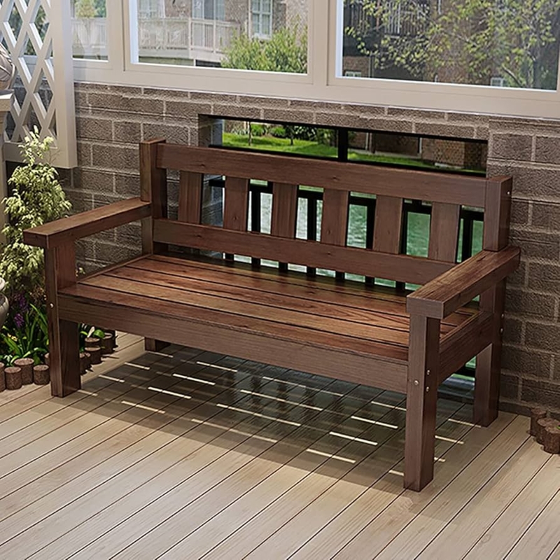 Garden Bench, Dark Walnut Finish: Traditional Slatted Porch Seating Idea