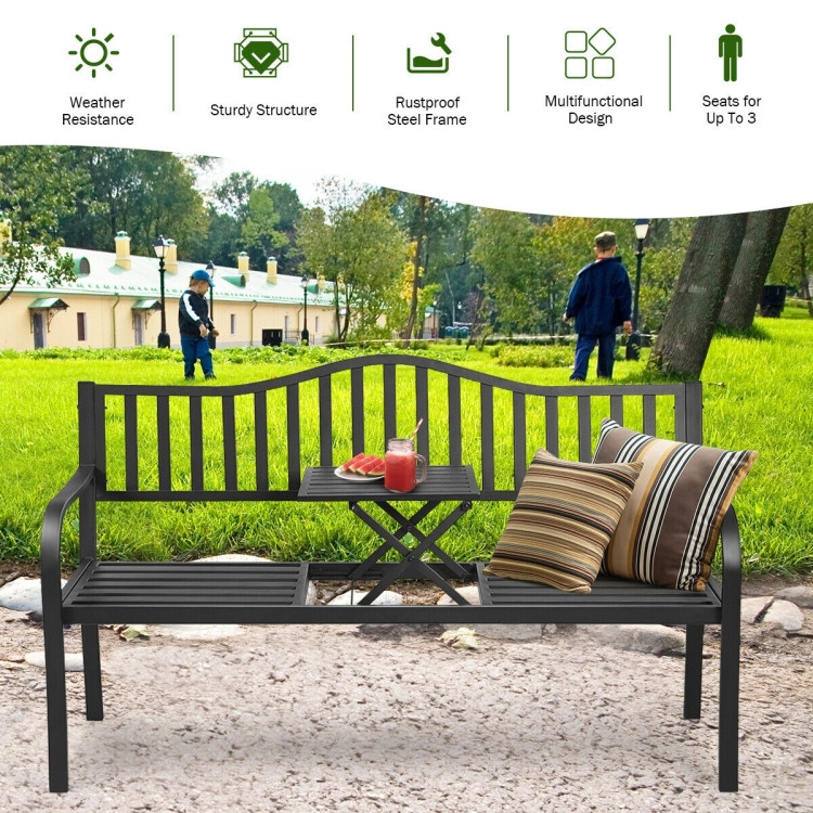 Garden Bench Integrated Pop Up Middle Table Metal Slatted Frame Patio