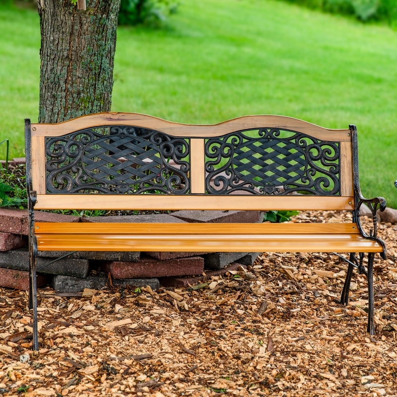 Garden Bench, Ivy Crossweave Design: Cast Iron Wood Patio Seating 49 Inch