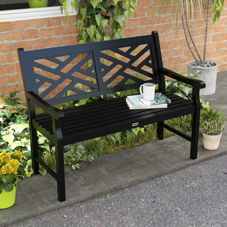 Garden Bench Matte Black Finish Wood Slatted Classic Outdoor Seating
