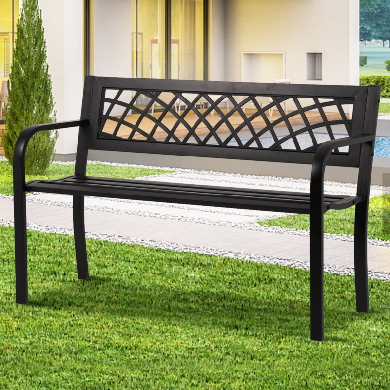 Garden Bench, Matte Black Metal, Scrollwork Backrest, Slatted Seat