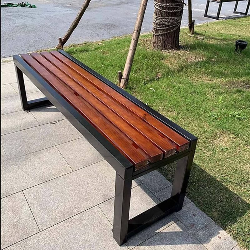 Garden Bench Modern Backless Brown Wood Slats Matte Black Frame Park