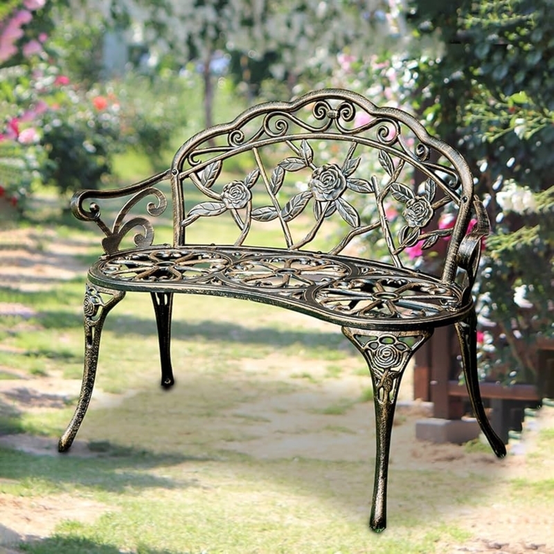 Garden Bench Ornate Scrolled Back Lattice Seat Antique Bronze Finish
