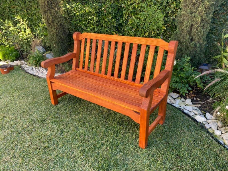 Garden Bench Redwood Stain Slatted Back Craftsman Patio Seating
