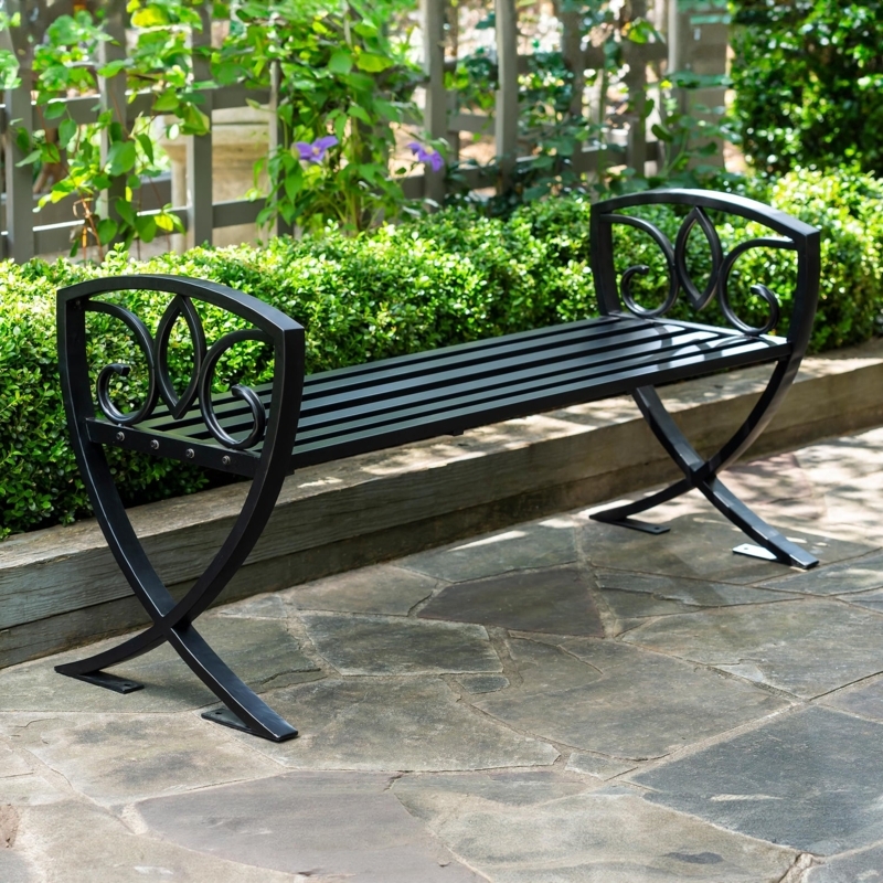 Garden Bench Shield Back Matte Black Metal Traditional Seating