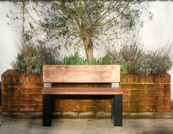 Garden Bench Slatted Wood Reclaimed Look Metal Frame Rustic Seating