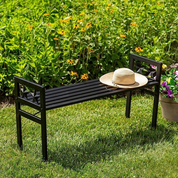 Garden Bench, Star Motif, Arched Arms, Black Slatted Metal