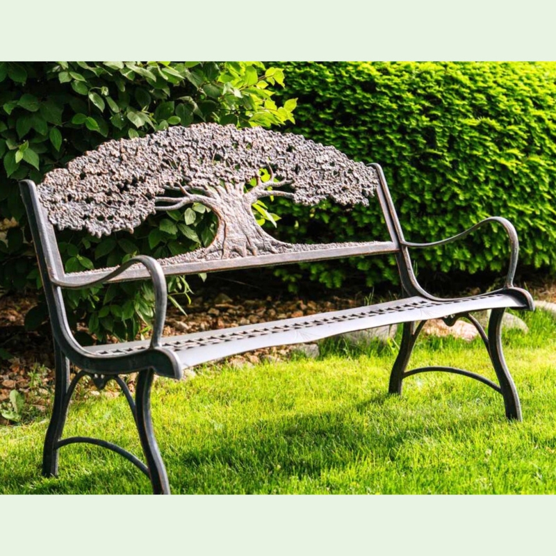 Garden Bench Tree of Life Carving Cast Stone Gray Traditional