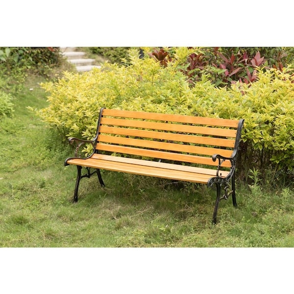 Garden Bench, Warm Reddish-Brown Wood: Curved Arms Slatted Patio Seating