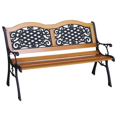 Garden Bench with Scrolled Antique Metal Arms & Wood Slats, Rustic Style