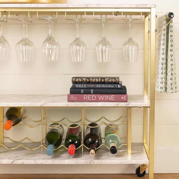 Glam Bar Cart Gold Metal Frame Marble Patterned Shelves Wine Storage