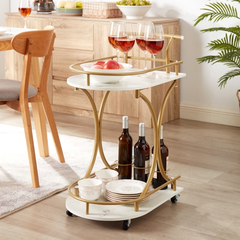 Glam Bar Cart with Gold Frame, Circular Shelves and Stemware Holder