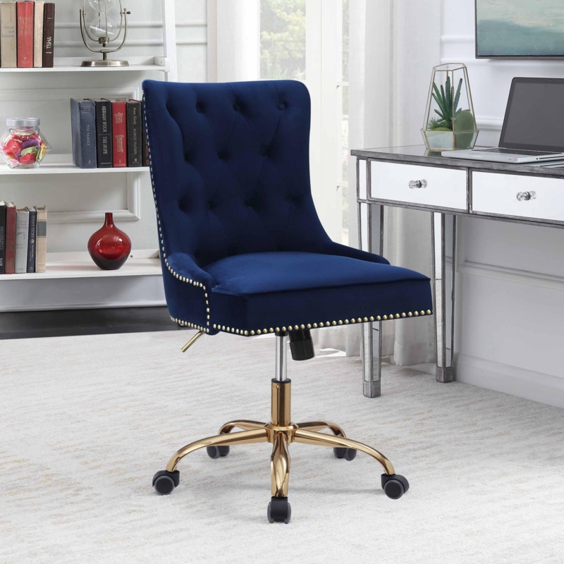 Glam Blue Velvet Office Chair with Vertical Channel Tufting