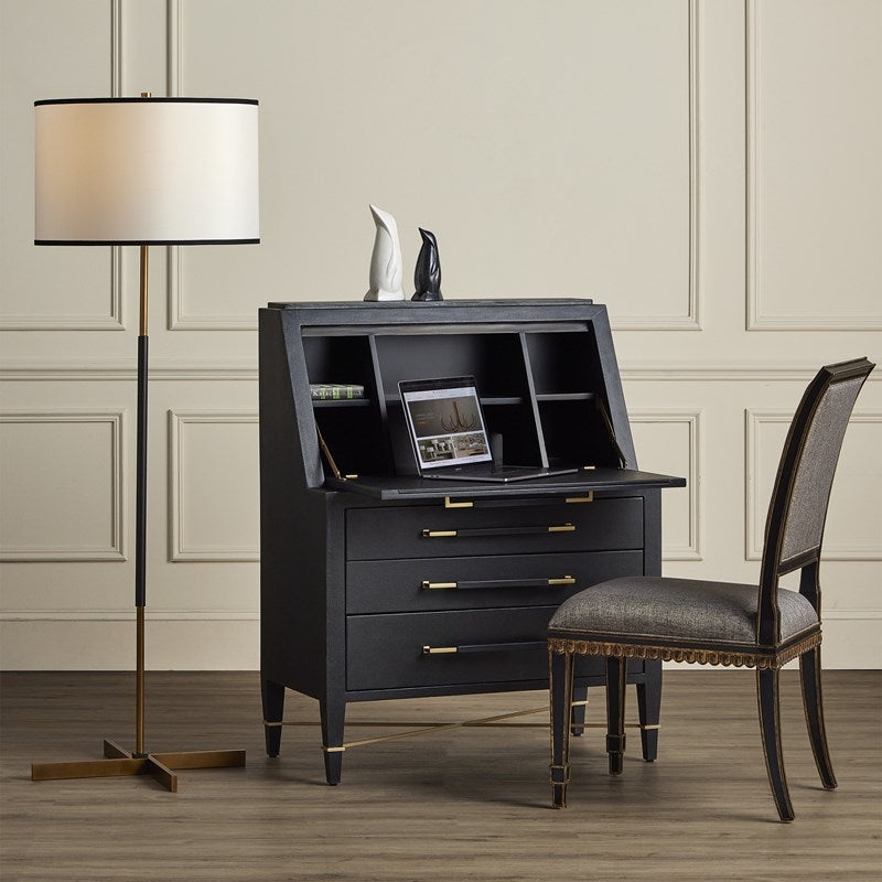 Glam Secretary Desk Black Linen Finish Champagne Gold Base