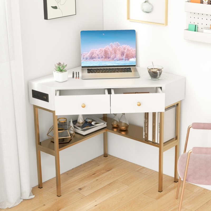 Glam Triangular Corner Desk in White and Gold with Power Outlet