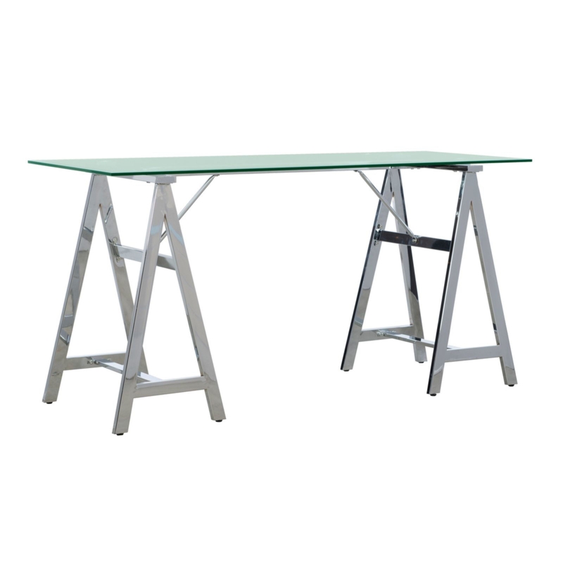 Glam Writing Desk with Glass Top, Two White Drawers, and Polished Chrome