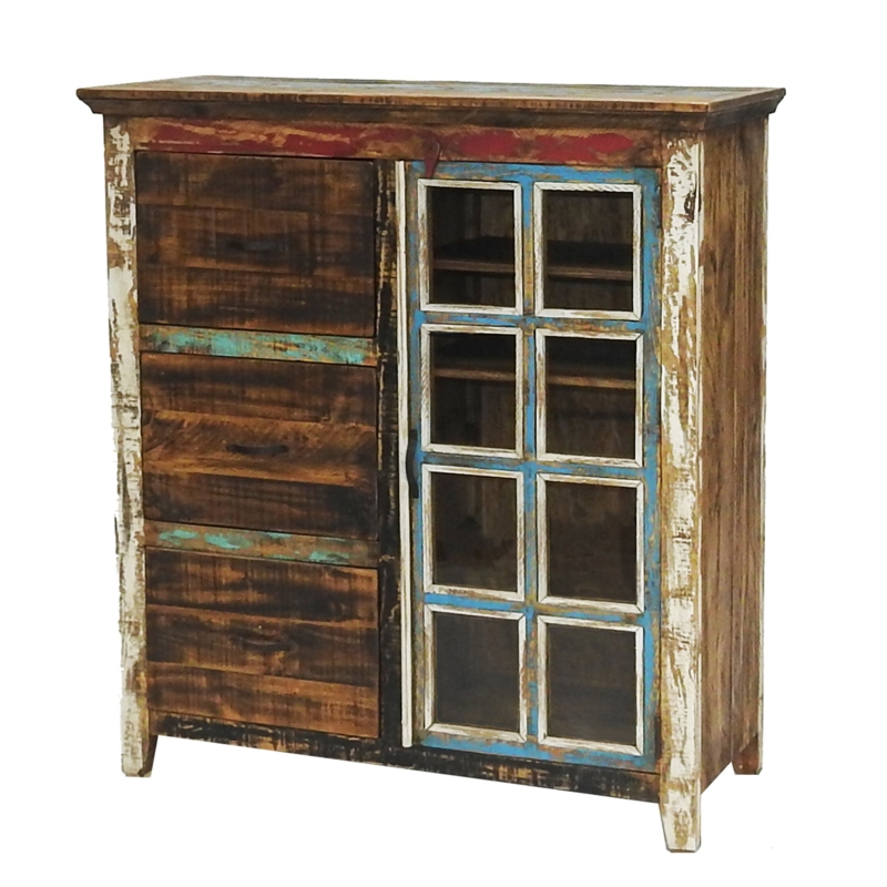 Glass Door Office Cabinet, Rustic Pine Storage Unit with Drawer