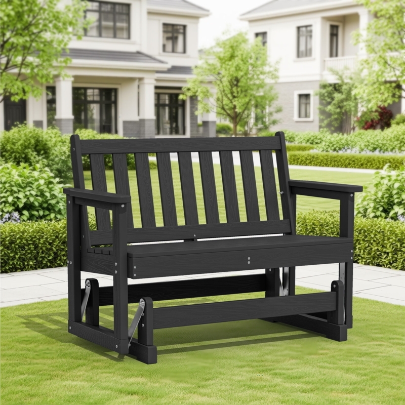 Glider Bench Black Matte Slatted Weather Resistant Garden Swing Chair