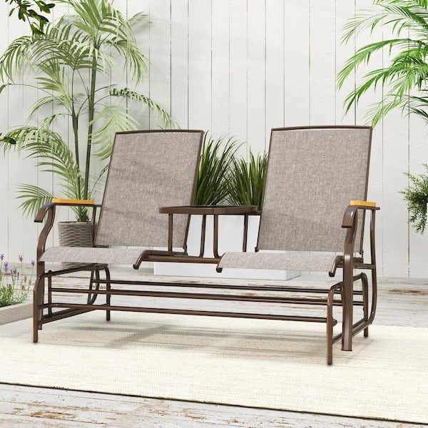 Glider Bench with Integrated Center Table and Beige Mesh Seating