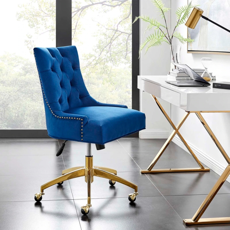Gold Base Swivel Desk Chair, Navy Blue Velvet Channel Tufted