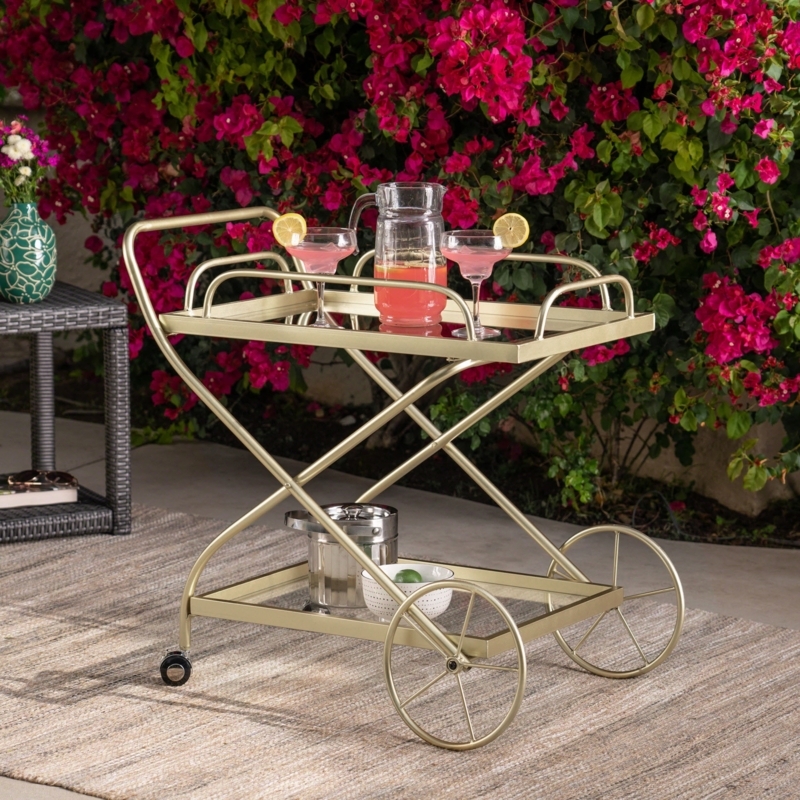 Gold Mirrored Bar Cart with Circular Frame and Mirrored Glass Tiers