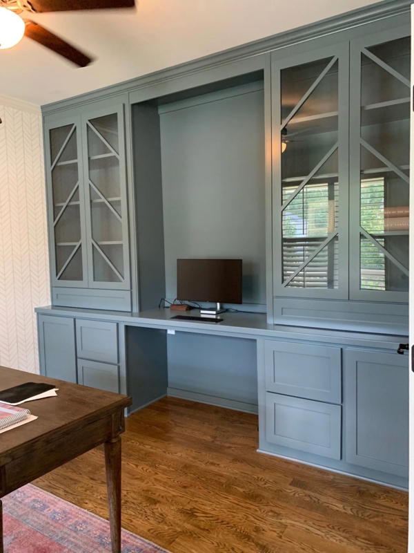 Gray And Wood Built In Desk With Shaker Cabinetry Base
