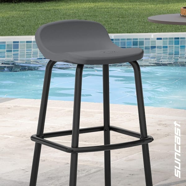 Gray Bar Stool with Geometric Fretwork Back Pattern and Metal Frame