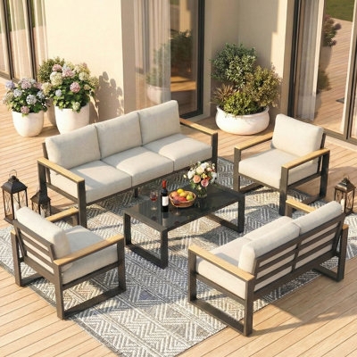 Gray Metal Patio Conversation Set with Wood-Toned Armrests