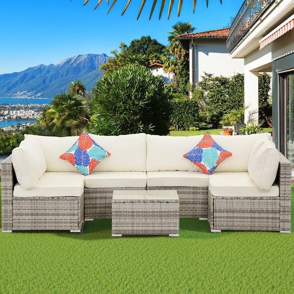 Gray Outdoor Conversation Set, U-Shaped Wicker with Beige Cushions