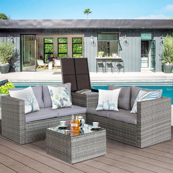 Gray Patio Conversation Set 4-Piece Wicker with Integrated Storage Box