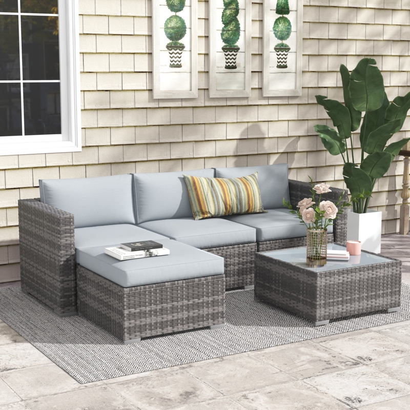 Gray Wicker Outdoor Conversation Set with Low Profile Charcoal Cushions