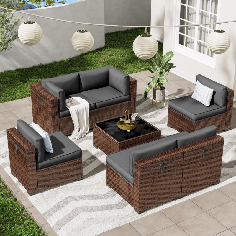Gray Wicker Outdoor Sectional Set with Glass Top Modular Seating